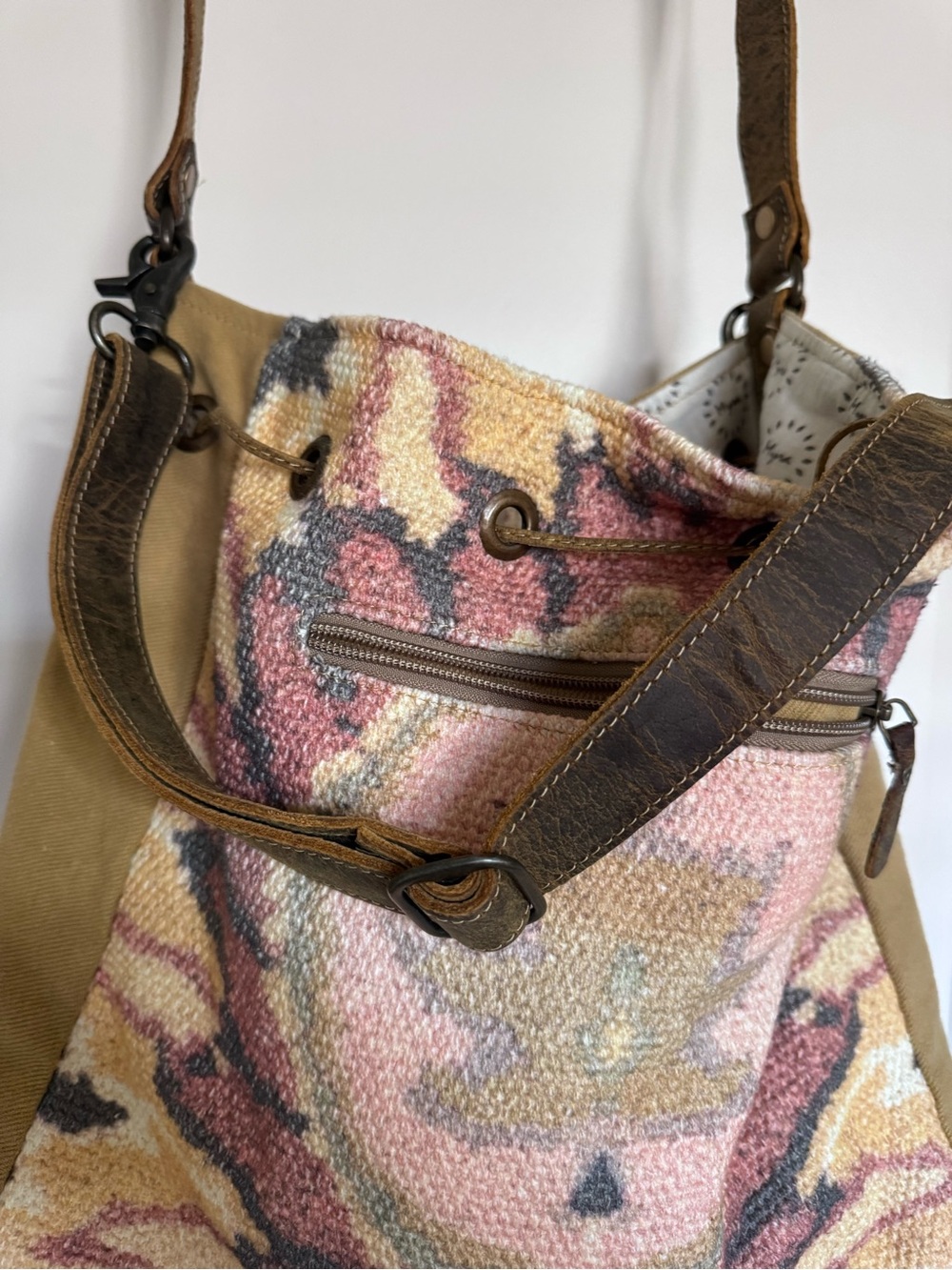 MYRA BAG Tan and Pink Boho Drawstring Shoulder Bucket Bag - Picture 11 of 14
